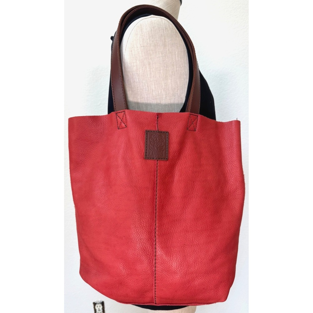 Lucky Brand Pebbled Red Leather Tote Shoulder Bag Brown Leather Trim